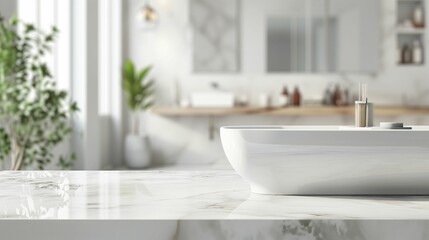 Obraz na płótnie Canvas Modern White Bathroom Interior with Elegant Marble Table Top for Product Display