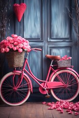 Bicycle with basket of pink roses and heart on wooden floor in vintage room
