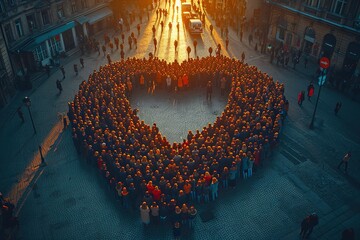 Slow-motion footage of a surprise flash mob forming heart shapes in a city square
