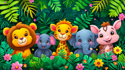 Obraz na płótnie Canvas Cute Cartoon Animals in Nature. Jungle Friends