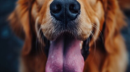 golden retriever dog sticks out his tongue,Close-up of a dog's nostrils - obrazy, fototapety, plakaty