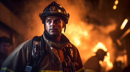 Obraz premium Brave Firefighter in Smoke. Dramatic Firefighting Scene