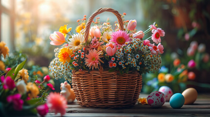 Fototapeta na wymiar Easter Eggs and Flower. Decorating Eggs in Springtime Splendor