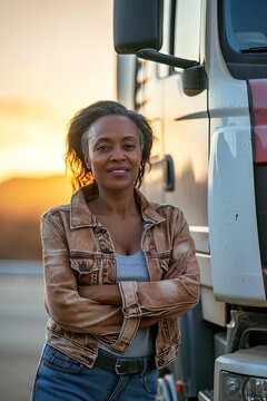 Female professional truck driver looking at camera. With a beaming smile, the female driver showcases the power of transportation.
