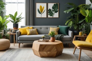 modern boho interior of living room in cozy apartment with design coffee table, gray sofa, wooden cube honey yellow pillow, desk, green armchair, plants and elegant accessories