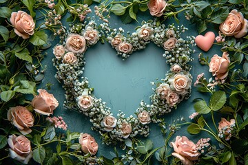 Top-down view of a blank card surrounded by heart-shaped flower arrangements