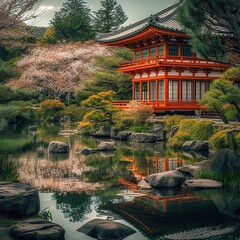 japanese garden, japanese temple, realistic, Photoshot, powerful colors, hdr, full HD, nice landscape, japanese nature, 4k, details, blossom cherry tree --v 6 