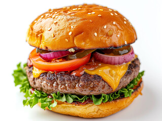 Burger with thick slices of grilled meat and topped with green salad, tomato and cheese.