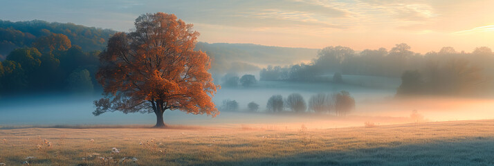 Foggy Meadow. Enchanting Sunrise