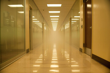 Spacious and Bright Office Corridor with Modern Interior Design, Featuring Hallways, Doors, and a Clean Architectural Style