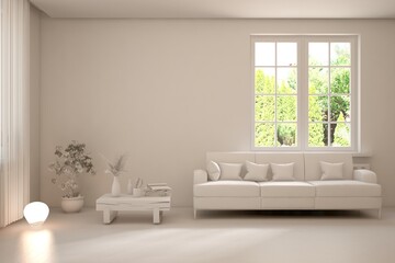 Grey living room concept with sofa and summer landscape in window. Scandinavian interior design. 3D illustration