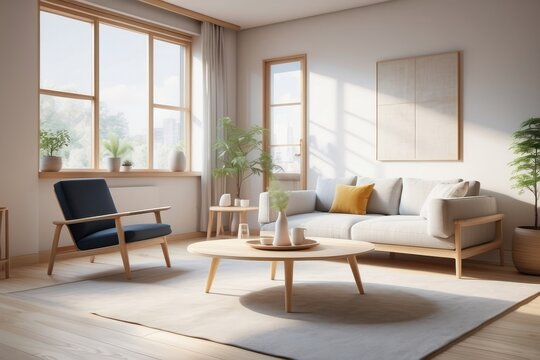 Modern interior japan style design livingroom. Lighting and sunny scandinavian apartment with plaster and wood