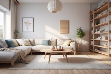 Modern interior japan style design livingroom. Lighting and sunny scandinavian apartment with plaster and wood