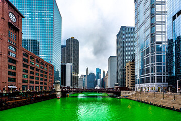 Chicago with Chicago River dyed green for St. Patrick's Day