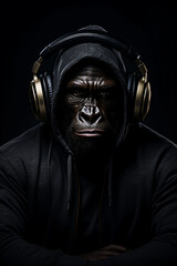 Gorilla with headphones on black background