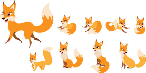 Funny collection of red foxes in different poses. Emotional funny little animal. Cartoon animal character design. Flat vector illustration