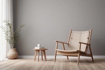 Fototapeta na wymiar Empty wall mock up in Scandinavian style interior with wooden armchair. Minimalist interior design