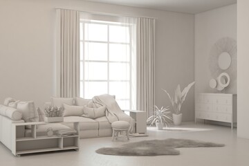 Grey living room concept with sofa. 3D illustration