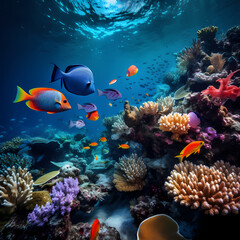 Underwater coral reef with colorful fish.
