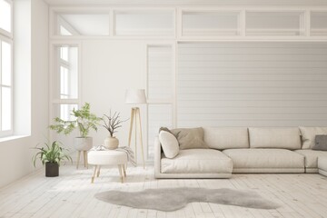 White living room with sofa. Scandinavian interior design. 3D illustration