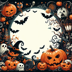 Spooky Halloween Frame with Jack-o'-Lanterns, Haunted House, and Autumn Decorations: Festive Border for Invitations and Holiday Greetings, Full Moon and Ghosts