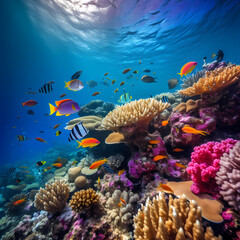 Fototapeta na wymiar Underwater coral reef with colorful fish.