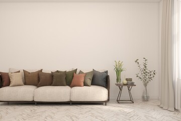 Modern minimalist interior with sofa on empty white color wall background. Interior mockup. Scandinavian interior design. 3D illustration