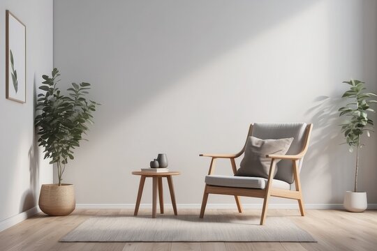 Empty wall mock up in Scandinavian style interior with wooden armchair. Minimalist interior design