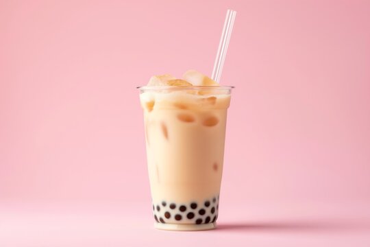 A cup of bubble boba milk tea on pink background. Banner for restaurant