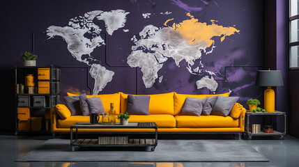 Modern Room with World Map Wall