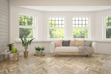 White living room with sofa and summer landscape in window. Scandinavian interior design. 3D illustration