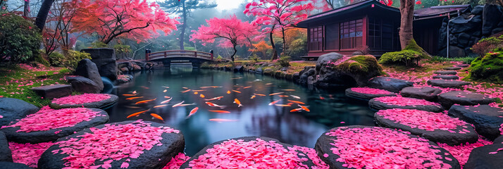 Obraz premium Japanese Garden. Cherry Blossom. Koi Pond in Full Bloom