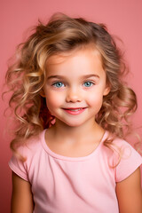 Naklejka premium Happy Little Girl Portrait. Joyful Child in a Pink World