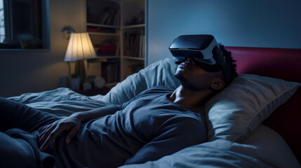 Obraz premium A man in VR glasses rests on a bed in a room in the evening
