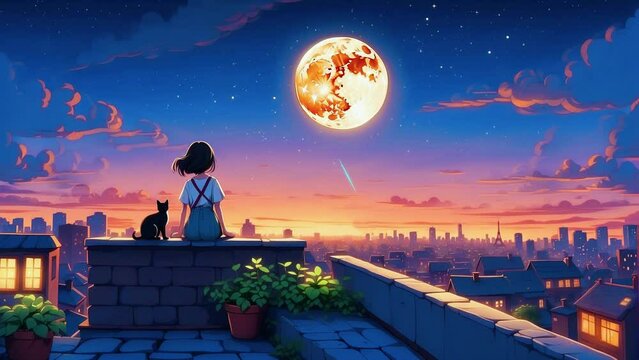 The lofi girl is on the rooftop with her cat, under the moon, with twinkling stars, falling stars, and a meteor shower night, Seamless 4K lofi looping animation video.