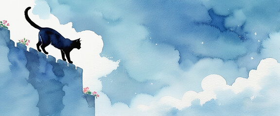Silhouette of a black cat walking on a high wall. Blue sky. Illustration in watercolor style.