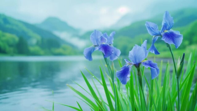 Iris blooms on a lake with beautiful natural scenery. Seamless time-lapse 4K video