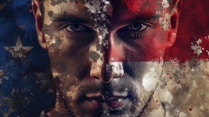 Dual-Faced Man Painted with American and Russian Flags in Grunge Style, Generative AI