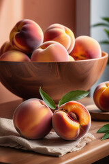 Ripe peaches in a wooden bowl on a wooden table and peach-colored wall background. Shadow casting.