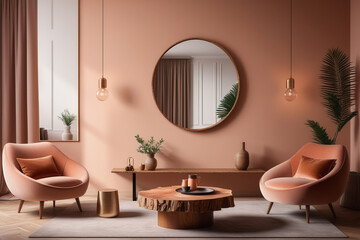 Lounge interior with an armchair and a coffee table made of natural wood. There is a round mirror on the wall. The walls are painted in color of Peach Fuzz. Color of the year 2024