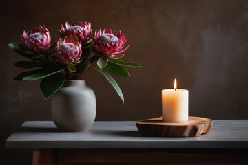 Cozy burning candle on grey concrete table and vase with protea flowers in interior of room. Cozy lifestyle. Interior elements