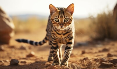 Young and confident Bengal cat walks towards the camera on amazing desert.