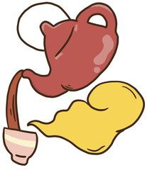 Steaming kettle with cup of tea illustration