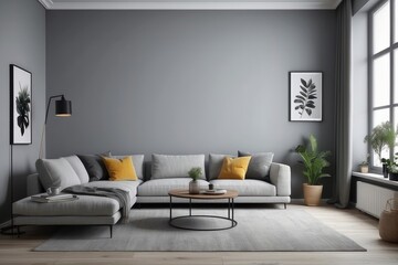 Fototapeta na wymiar Retro style in beautiful living room interior with grey wall