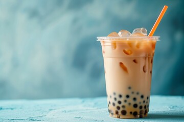 A cup of bubble boba milk tea on blue background. Banner for restaurant - obrazy, fototapety, plakaty
