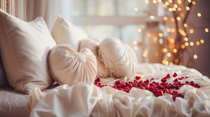 Fototapeta na wymiar White bed for couples in a romantic and warm atmosphere. Love valentine concept