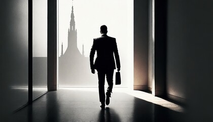 business man in suit with briefcase walking west 