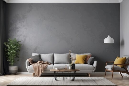 Retro style in beautiful living room interior with grey wall