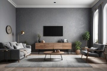 Retro style in beautiful living room interior with grey wall - obrazy, fototapety, plakaty