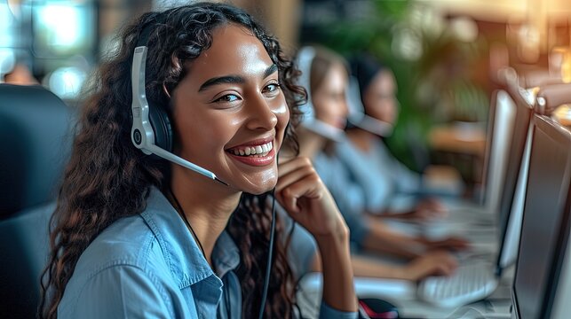 A team of multiethnic call center agents, all wearing headsets and beaming with satisfaction as they excel in their roles.